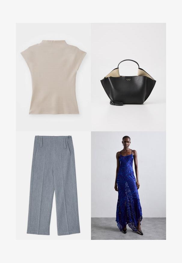 By Malene Birger RAFAIA - Téli kabát - brown; Beige, rövid ujjú felső, magas nyakkivágással és testre simuló szabással. Simább tapintás, enyhe fényességgel. Nincs látható minta vagy fémrész.; Világosszürke, bőszárú nadrág, texturált anyagból készült, két elülső redővel és két oldalsó zsebbel. Letisztult, igényes dizájn.; Kék és lila állatmintás maxi ruha vékony pántokkal, testhez simuló felső résszel, kibővített szoknyával és áttetsző díszítéssel.; Ree Projects ANN TOTE MINI - Kézitáska - black