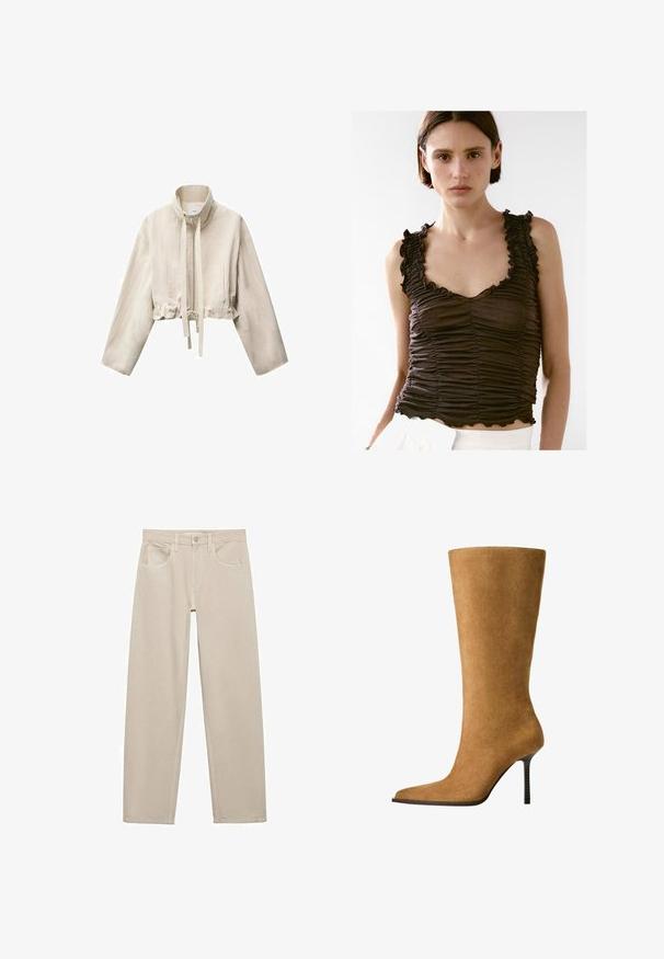 Zkrácená béžová bunda s vysokým límcem, dlouhými rukávy, předním zipem, nastavovací šňůrkou v pase a dvěma bočními kapsami.; Hnědý řasený top bez rukávů se zakulacenými okraji a volánkovými ramínky, s přiléhavým střihem a jemnou texturou, nošený přes bílé spodní díly.; Béžové kalhoty vyrobené z bavlny, s rovnými nohavicemi, předními kapsami a jedním knoflíkem na zapínání v pase.; Kozačky do výšky kolen z jemné kůže v barvě kamel s špičatou špičkou a tenkým vysokým podpatkem. Hladká textura a elegantní silueta s minimem detailů.