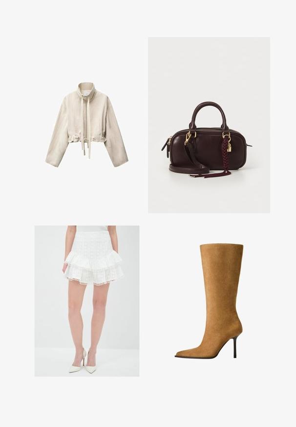 Korte beige jas met een hoge kraag, lange mouwen, ritssluiting aan de voorkant, verstelbare trekkoord in de taille en twee zijzakken.; Bruine mouwloze top met een ruches halslijn en geplooide stof door het hele kledingstuk. Heeft een aansluitende pasvorm en een gestructureerd oppervlak.; Witte gelaagde rok gemaakt van textuurstof met kantafwerking. Heeft drie gerimpelde lagen en een getailleerde tailleband. Gepaard met witte hoge hakken.; Knie hoge suède laarzen in kamelkleur met een spitse teen en een dunne hoge hak. Glad textuur en elegante silhouet met minimale details.; Donkerbruine leren handtas met een gevlochten kwast, gouden hardware, dubbele handvatten en een afneembare schouderriem op een witte achtergrond.