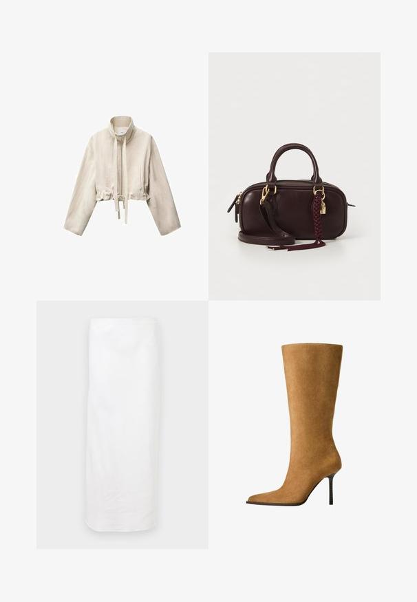 Veste beige cropped avec un col montant, des manches longues, une fermeture éclair à l'avant, un cordon de serrage ajustable à la taille, et deux poches latérales.; Haut sans manches marron avec un col à volants et un tissu froncé sur toute sa surface. Présente une silhouette ajustée et une texture en relief.; Jupe blanche, longueur genou, fabriquée en tissu lisse. Présente un design simple et droit avec une taille élastique. Aucun motif ou accent visible.; Bottes en daim à hauteur de genou de couleur camel avec un bout pointu et un fin talon haut. Texture lisse et silhouette élégante avec des détails minimalistes.; Sac à main en cuir marron foncé avec un gland tressé, matériel en ton doré, doubles poignées et une bandoulière amovible sur un fond blanc.