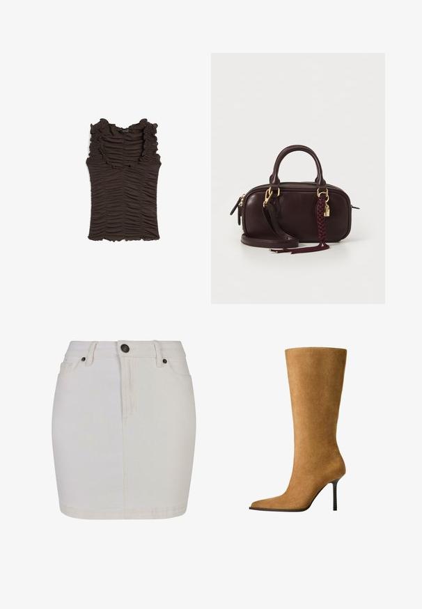 Beskaaret beige jakke med høj krave, langeærmer, lynlås foran, justerbar snor i taljen og to sidelommer.; Brun ærmeløs top med flæset halsudskæring og rynket stof hele vejen igennem. Har en tætsiddende silhuet og tekstureret overflade.; Hvid denimnederdel med tætsiddende design, udstyret med knaplukning, bæltestropper og klassisk fem-lomme stil. Glat tekstur og knælang.; Knæhøje suedesko i kamelfarve med spids tå og en tynd høj hæl. Glat tekstur og slank silhuet med minimal detaljering.; Mørkebrun læderhandtaske med en flet-taske, guld tone hardware, dobbelte håndtag og en aftagelig skulderrem på en hvid baggrund.
