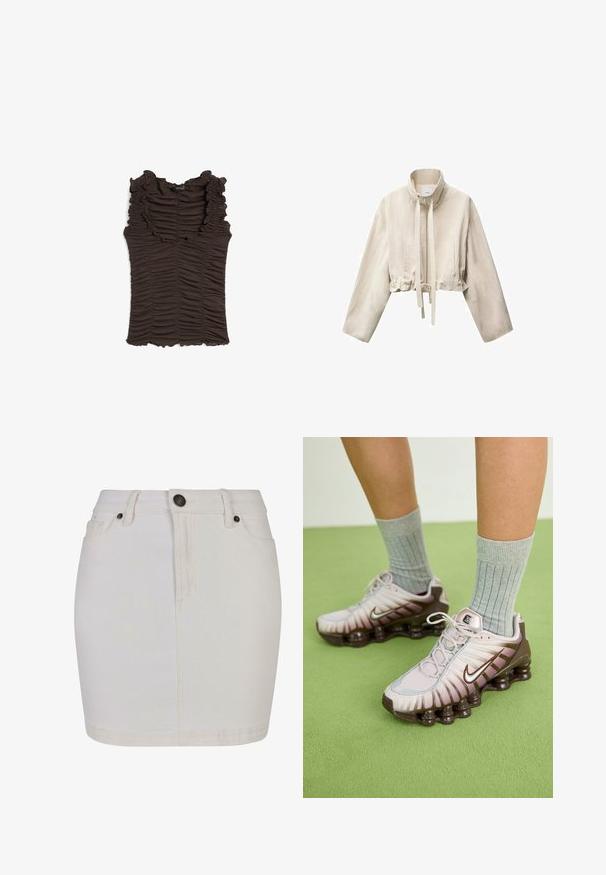Korte beige jas met een hoge kraag, lange mouwen, ritssluiting aan de voorkant, verstelbare trekkoord in de taille en twee zijzakken.; Bruine mouwloze top met een ruches halslijn en geplooide stof door het hele kledingstuk. Heeft een aansluitende pasvorm en een gestructureerd oppervlak.; Witte denim rok met een slim fit ontwerp, voorzien van een knoopsluiting, ri loops en een klassieke vijf-pocket stijl. Heeft een gladde textuur en is knielang.; Nike-sneakers in lichtroze en bruin, met een gestructureerde bovenkant, gelaagd ontwerp en een dempende buitenzool met zichtbare luchtunits.