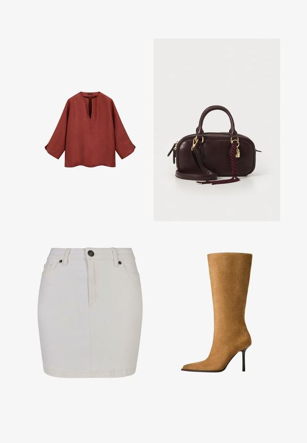 Beige Jacke, tailliert geschnitten, mit hohem Kragen, langen Ärmeln, Reißverschluss vorne, verstellbarem Kordelzug in der Taille und zwei Seitentaschen.; Leinenbluse in rostfarben mit V-Ausschnitt, dreiviertel Ärmeln und abgerundetem Saum. Hat eine lockere Passform und dezente Knopfakzente an den Manschetten.; Weißer Denimrock mit figurbetontem Design, ausgestattet mit einem Knopfverschluss, Gürtelschlaufen und klassischem Five-Pocket-Stil. Glatte Textur und knielang.; Knöchelhohe Wildlederstiefel in camel mit spitzem Zehenbereich und dünnem, hohen Absatz. Glatte Textur und elegante Silhouette mit minimaler Detailgestaltung.; Dunkelbraune Lederhandtasche mit einem geflochtenen Quast, Beschlägen aus goldfarbenem Metall, doppelten Griffen und einem abnehmbaren Schultergurt auf einem weißen Hintergrund.