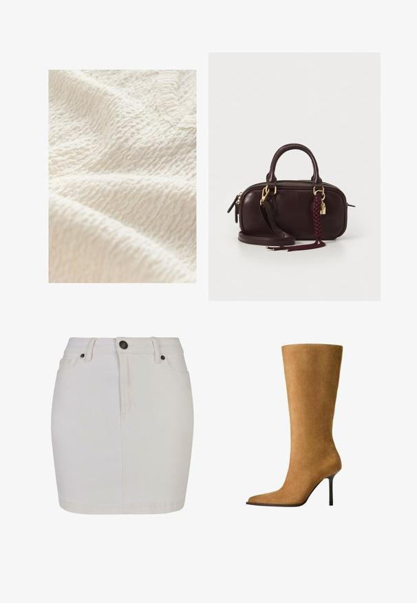 Beskaaret beige jakke med høj krave, langeærmer, lynlås foran, justerbar snor i taljen og to sidelommer.; Struktureret off-white stof med et krøllet mønster, der viser en blød, let forhøjet overflade, der egner sig til beklædning eller hjemmetekstiler.; Hvid denimnederdel med tætsiddende design, udstyret med knaplukning, bæltestropper og klassisk fem-lomme stil. Glat tekstur og knælang.; Knæhøje suedesko i kamelfarve med spids tå og en tynd høj hæl. Glat tekstur og slank silhuet med minimal detaljering.; Mørkebrun læderhandtaske med en flet-taske, guld tone hardware, dobbelte håndtag og en aftagelig skulderrem på en hvid baggrund.