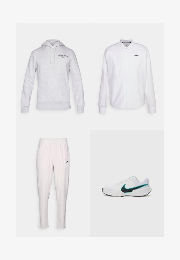 Giacca atletica bianca con zip realizzata in tessuto liscio. Presenta un colletto alto, maniche lunghe e un piccolo logo Nike nero sul petto.; Felpa grigia in misto cotone, con cappuccio regolabile tramite cordino, tasca a marsupio frontale e dettagli del logo stampato in nero sul petto.; Pantaloni sportivi bianchi con una vita elastica. Presentano una vestibilità slim, una texture liscia e un piccolo logo Nike nero sulla parte anteriore.; Scarpa da ginnastica bianca con tomaia in rete testurizzata, suola in gomma nera e accento teal del logo Nike. Presenta lacci e colletto imbottito.