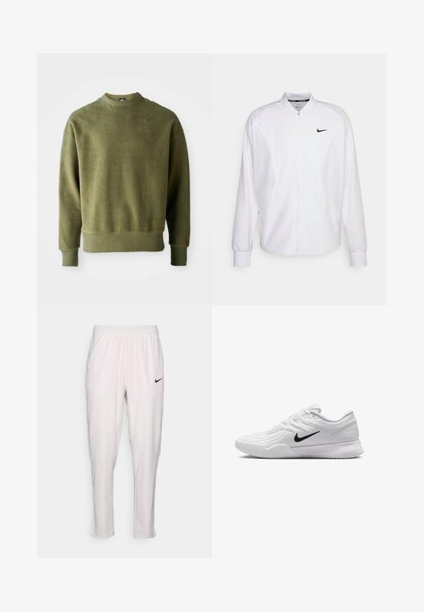 Giacca atletica bianca con zip realizzata in tessuto liscio. Presenta un colletto alto, maniche lunghe e un piccolo logo Nike nero sul petto.; Felpa verde oliva con finitura testurizzata, maniche lunghe, polsini e orlo a costine, e un sottile dettaglio ricamato sul petto.; Pantaloni sportivi bianchi con una vita elastica. Presentano una vestibilità slim, una texture liscia e un piccolo logo Nike nero sulla parte anteriore.; Scarpa da ginnastica bianca con tomaia in mesh testurizzato, logo Nike nero, collo imbottito e suola in gomma con un motivo di battistrada.