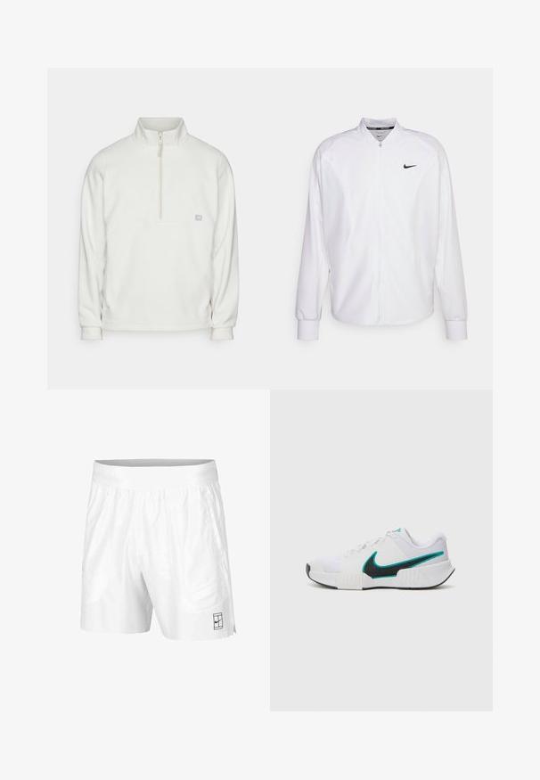 Witte zip-up sportjack gemaakt van gladde stof. Beschikt over een opstaande kraag, lange mouwen en een klein zwart Nike-logo op de borst.; Witte fleece pullover met een halve rits kraag. Heeft een rechthoekig borstpaneel en een klein logo aan de linkerkant. Zachte textuur.; Witte sportshorts gemaakt van lichtgewicht stof met een elastische tailleband, voorzien van twee zijzakken en een klein zwart logo op de zoom.; Witte sportieve schoen met een textuur mesh bovenwerk, zwarte rubberen zool en teal Nike swooshaccent. Voorzien van veters en een gewatteerde kraag.