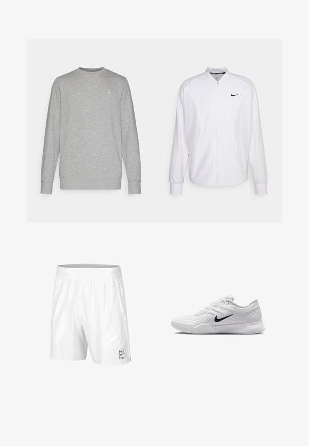 Veste de sport blanche zippée en tissu lisse. Caractéristiques : col montant, manches longues et petit logo Nike noir sur la poitrine.; Sweatshirt gris avec col rond, manches longues et un logo discret sur la poitrine. Fabriqué en mélange de coton doux avec des poignets côtelés.; Shorts de sport blancs avec une taille élastique, deux poches latérales et un petit logo noir en bas à l'avant. Texture lisse.; Baskets blanches avec tige en maille texturée, swoosh noir de Nike, col rembourré et semelle en caoutchouc avec un motif de crampons.