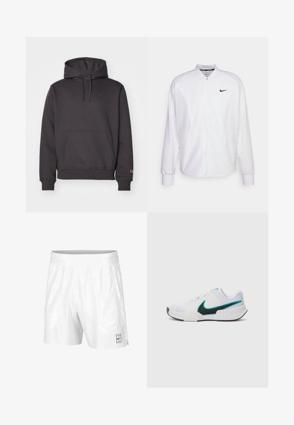 Bílá sportovní bunda na zip vyrobená z hladkého materiálu. Obsahuje stojáček, dlouhé rukávy a malé černé logo Nike na hrudi.; Tmavě šedá mikina s kapucí, s klokankou, nastavitelním šňůrkovým stahováním a vyšitým logem na hrudi a rukávu. Měkká textura materiálu.; Bílé sportovní šortky vyrobené z lehkého materiálu s elastickým pasem, mají dvě boční kapsy a malé černé logo na lemu.; Bílé sportovní tenisové boty s texturovaným síťovým vrškem, černou gumovou podrážkou a akcentem v barvě tyrkysové na logu Nike. Obsahují šněrování a polstrovaný límec.