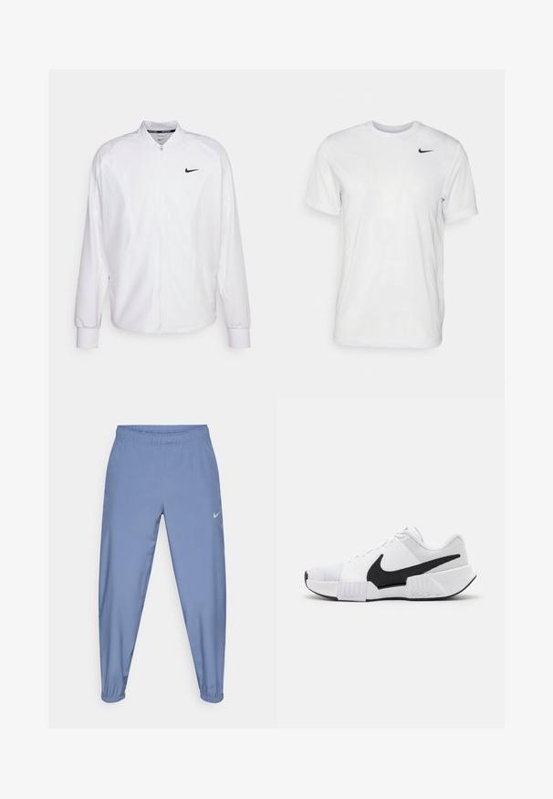 Weißer, kurzer Sportjacke mit glatter Oberfläche. Sie hat einen Stehkragen, lange Ärmel und ein kleines schwarzes Nike-Logo auf der Brust.; Weißes T-Shirt mit kurzen Ärmeln aus glattem Stoff. Verfügt über einen runden Halsauschnitt und ein kleines schwarzes Nike-Logo auf der linken Brust.; Hellblaue Sporthose mit elastischem Bund, schmal zulaufendem Beinabschluss und kleinem grauen Nike-Logo auf der linken Seite. Glatte Textur.; Weiße Sportschuhe mit schwarzen Akzenten. Texturierte Mesh-Einsätze, gepolsterter Schaft und Gummisohle. Hervorstechendes schwarzes Swoosh-Logo.