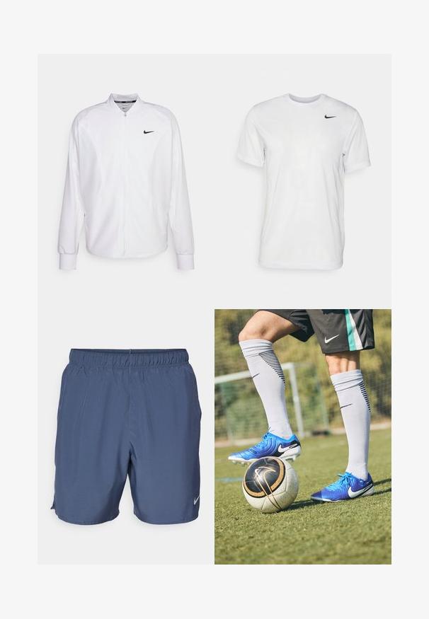 Chaqueta deportiva blanca con cremallera, fabricada con un tejido suave. Presenta un cuello alto, mangas largas y un pequeño logo negro de Nike en el pecho.; Camiseta blanca de manga corta hecha de tela suave. Presenta un cuello redondo y un pequeño logo negro de Nike en el pecho izquierdo.; Los pantalones cortos Nike grises cuentan con una cinturilla elástica, material ligero y aberturas laterales para mayor movilidad, con un pequeño logo en la parte inferior de la pierna derecha.; Botas de fútbol Nike azules con parte superior texturizada, acentos negros y tacos blancos; un balón de fútbol en blanco y negro con detalles dorados debajo.