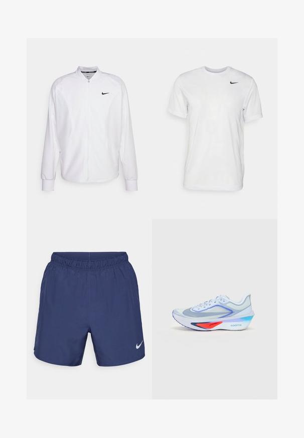 Witte zip-up sportjack gemaakt van gladde stof. Beschikt over een opstaande kraag, lange mouwen en een klein zwart Nike-logo op de borst.; Witte korte mouwen t-shirt gemaakt van gladde stof. Voorzien van een ronde hals en een klein zwart Nike-logo op de linkerborst.; Donkerblauwe sportshorts van lichtgewicht stof. Voorzien van een elastische tailleband en een klein wit Nike-logo aan de onderzijde aan de linkerkant.; Lichtblauwe hardloopschoen met een bovenwerk van mesh, witte veters, paarse accenten en een rode details op de middenzool. Heeft een gebogen zool en 'ZOOMX' branding.