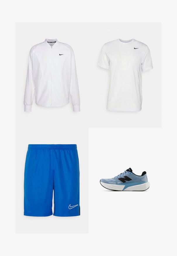 Chaqueta deportiva blanca con cremallera, fabricada con un tejido suave. Presenta un cuello alto, mangas largas y un pequeño logo negro de Nike en el pecho.; Camiseta blanca de manga corta hecha de tela suave. Presenta un cuello redondo y un pequeño logo negro de Nike en el pecho izquierdo.; Nike Performance SHORT - Pantalón corto de deporte - royal blue/obsidian/white; Zapatilla de correr azul claro con logo negro, suela blanca gruesa y forro interior negro, vista de lado sobre un fondo blanco.