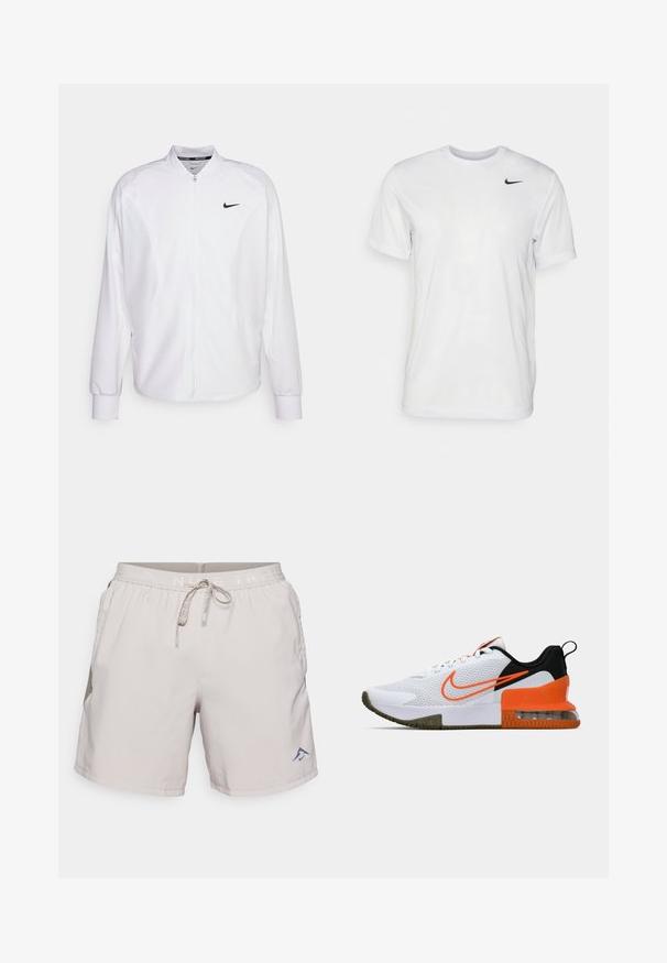 Weißer, kurzer Sportjacke mit glatter Oberfläche. Sie hat einen Stehkragen, lange Ärmel und ein kleines schwarzes Nike-Logo auf der Brust.; Weißes T-Shirt mit kurzen Ärmeln aus glattem Stoff. Verfügt über einen runden Halsauschnitt und ein kleines schwarzes Nike-Logo auf der linken Brust.; Hellgraue Schwimmshorts mit einem strukturierten seitlichen Einsatz, elastischem Bund, Kordelzugverschluss und einem kleinen blauen Logo auf der Vorderseite.; Weißer Sportschuh mit einem strukturierten Mesh-Obermaterial, schwarzen und orangefarbenen Akzenten, einer dicke Gummisohle und einem klaren Luftkissenbereich an der Ferse.