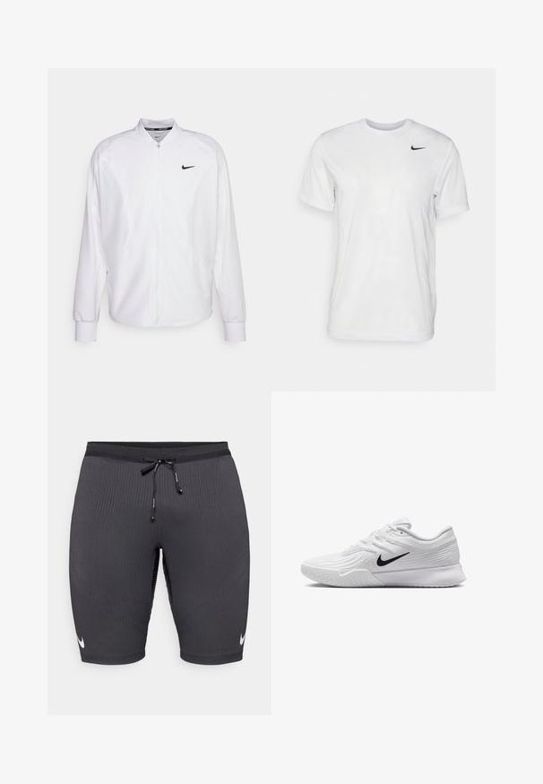 Giacca atletica bianca con zip realizzata in tessuto liscio. Presenta un colletto alto, maniche lunghe e un piccolo logo Nike nero sul petto.; T-shirt bianco a maniche corte in tessuto morbido. Presenta un collo rotondo e un piccolo logo Nike nero sul lato sinistro del petto.; Pantaloni sportivi neri realizzati in tessuto a costine, dotati di una cintura con cordino e un piccolo logo Nike bianco sul lato sinistro.; Scarpa da ginnastica bianca con tomaia in mesh testurizzato, logo Nike nero, collo imbottito e suola in gomma con un motivo di battistrada.