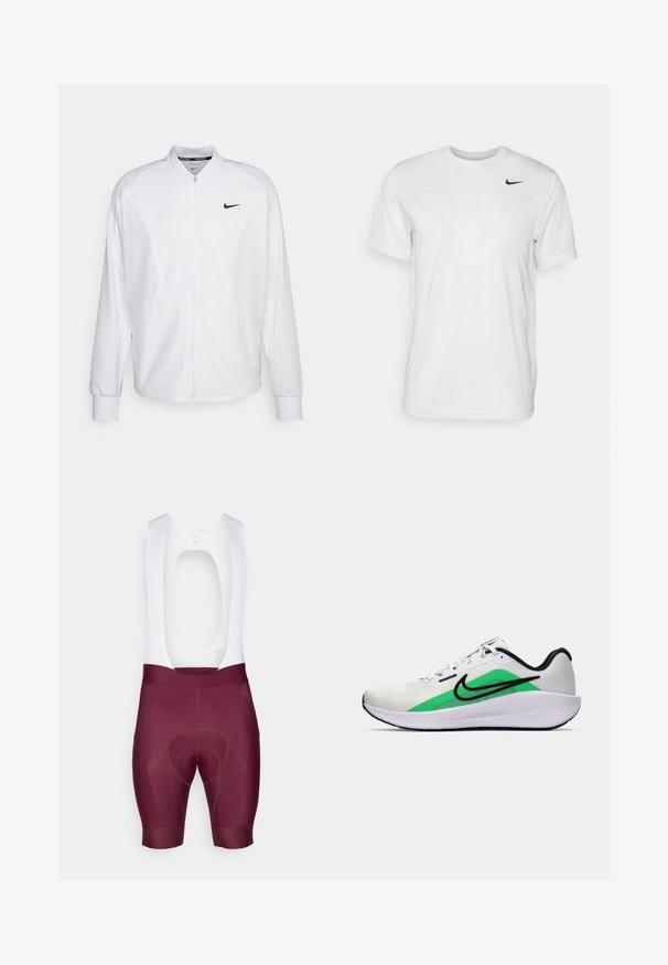Giacca atletica bianca con zip realizzata in tessuto liscio. Presenta un colletto alto, maniche lunghe e un piccolo logo Nike nero sul petto.; T-shirt bianco a maniche corte in tessuto morbido. Presenta un collo rotondo e un piccolo logo Nike nero sul lato sinistro del petto.; Pantaloni salopette realizzati in tessuto elasticizzato, di colore bordeaux con una parte superiore bianca e un cuscinetto in gel prominente per il comfort.; Scarpa da ginnastica bianca con un accento verde, logo nero, tomaia in rete, suola ammortizzata e tacco arrotondato. Presenta lacci e dettagli a contrasto.