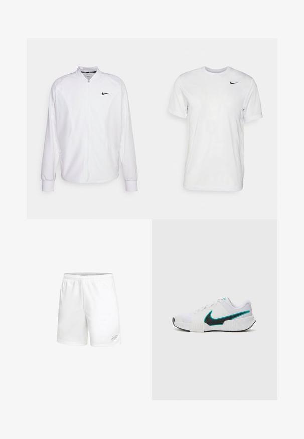 Weißer, kurzer Sportjacke mit glatter Oberfläche. Sie hat einen Stehkragen, lange Ärmel und ein kleines schwarzes Nike-Logo auf der Brust.; Weißes T-Shirt mit kurzen Ärmeln aus glattem Stoff. Verfügt über einen runden Halsauschnitt und ein kleines schwarzes Nike-Logo auf der linken Brust.; Lotto SQUADRA III 7IN - Kurze Sporthose - weiss; Weißer Sportschuh mit strukturiertem Mesh-Obermaterial, schwarzer Gummisohle und türkisfarbenem Nike-Swoosh-Akzent. Verfügt über Schnürsenkel und gepolsterten Kragen.