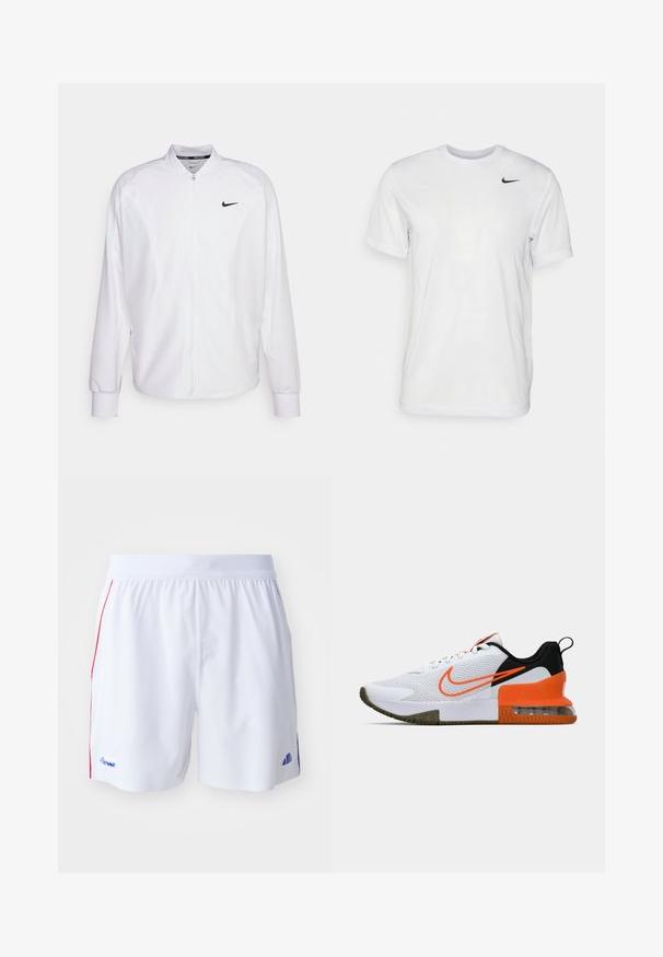 Chaqueta deportiva blanca con cremallera, fabricada con un tejido suave. Presenta un cuello alto, mangas largas y un pequeño logo negro de Nike en el pecho.; Camiseta blanca de manga corta hecha de tela suave. Presenta un cuello redondo y un pequeño logo negro de Nike en el pecho izquierdo.; Pantalones cortos deportivos blancos con franjas laterales rojas, cinturilla elástica y logo azul. Tejido suave y diseño de longitud media hasta el muslo.; Zapatilla deportiva blanca con parte superior de malla texturizada, acentos en negro y naranja, suela de goma gruesa y una sección de cojín de aire transparente en el talón.