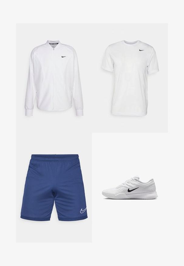 Chaqueta deportiva blanca con cremallera, fabricada con un tejido suave. Presenta un cuello alto, mangas largas y un pequeño logo negro de Nike en el pecho.; Camiseta blanca de manga corta hecha de tela suave. Presenta un cuello redondo y un pequeño logo negro de Nike en el pecho izquierdo.; Pantalones cortos deportivos azules hechos de material ligero. Cuentan con una cintura elástica y el logotipo de Nike en blanco en el lado inferior.; Zapatilla deportiva blanca con parte superior de malla texturizada, swoosh negro de Nike, cuello acolchado y suela de goma con un patrón de taco.