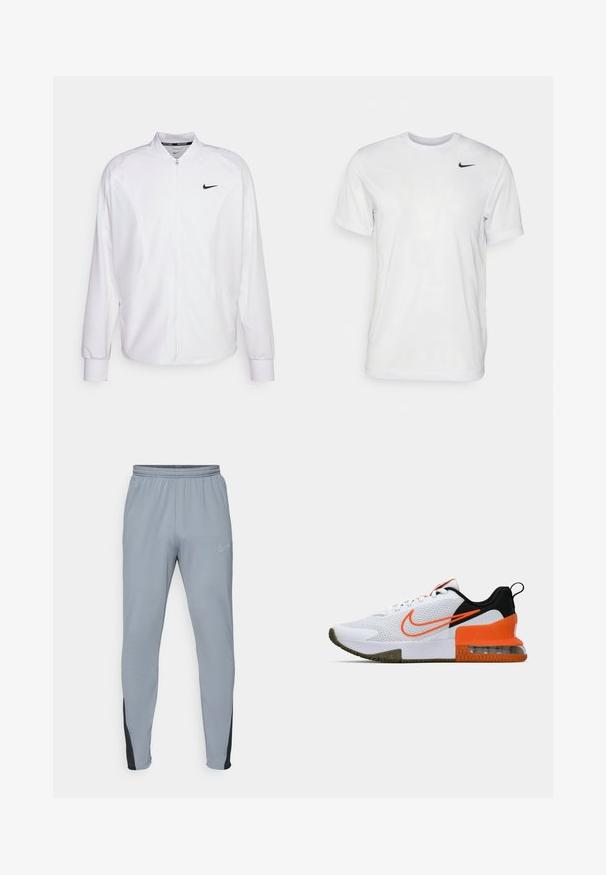 Witte zip-up sportjack gemaakt van gladde stof. Beschikt over een opstaande kraag, lange mouwen en een klein zwart Nike-logo op de borst.; Witte korte mouwen t-shirt gemaakt van gladde stof. Voorzien van een ronde hals en een klein zwart Nike-logo op de linkerborst.; Grijze sportbroeken met een elastische tailleband, taps toeloopende pijpen en zwarte accenten. Beschikt over een klein, lichtgrijs logo aan de linkerkant.; Witte sportieve schoen met een gestructureerde mesh bovenkant, zwarte en oranje accenten, een dikke rubberen zool en een doorzichtige luchtkussensectie bij de hak.