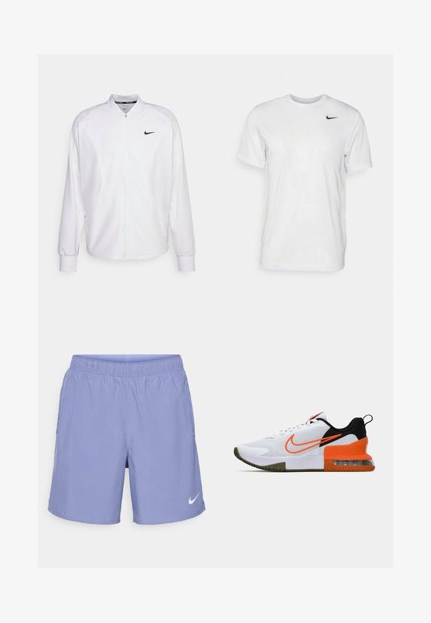 Bílá sportovní bunda na zip vyrobená z hladkého materiálu. Obsahuje stojáček, dlouhé rukávy a malé černé logo Nike na hrudi.; Bílé tričko s krátkým rukávem vyrobené z hladkého materiálu. Má kulatý výstřih a malé černé logo Nike na levé straně hrudi.; Nike šortky, světle fialové, elastický pas, dvě postranní kapsy a bílý logo akcent na dolní levé nohavici. Hladká, lehká látka.; Bílé sportovní boty s textura sítové vrstvy, černými a oranžovými akcenty, silnou gumovou podrážkou a průhlednou vzduchovou výplní v oblasti paty.