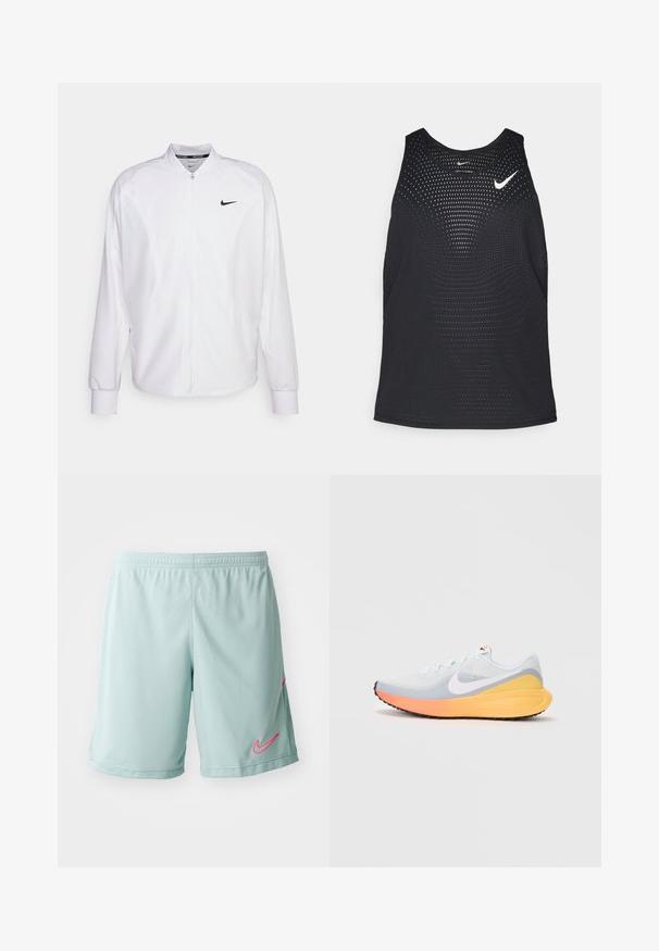 Veste de sport blanche zippée en tissu lisse. Caractéristiques : col montant, manches longues et petit logo Nike noir sur la poitrine.; Débardeur de sport noir avec une texture perforée et un col rond. Présente un logo Nike blanc sur la poitrine.; Shorts de sport bleu clair avec une texture en mesh, arborant un logo Nike rose sur le côté gauche et une taille élastique.; Basket de course bleu clair avec une tige en mesh respirant. Présente un swoosh blanc, une semelle intermédiaire orange et jaune, et une semelle extérieure noire pour l'adhérence.