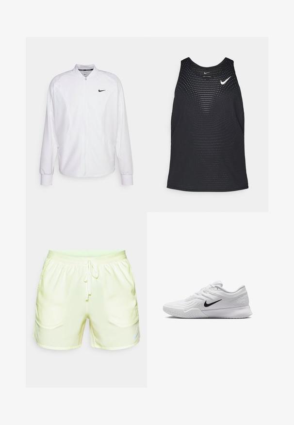 Veste de sport blanche zippée en tissu lisse. Caractéristiques : col montant, manches longues et petit logo Nike noir sur la poitrine.; Débardeur de sport noir avec une texture perforée et un col rond. Présente un logo Nike blanc sur la poitrine.; Shorts de course Nike jaune clair avec une taille élastique, un cordon de serrage et des poches latérales. Texture lisse avec un détail de logo discret.; Baskets blanches avec tige en maille texturée, swoosh noir de Nike, col rembourré et semelle en caoutchouc avec un motif de crampons.