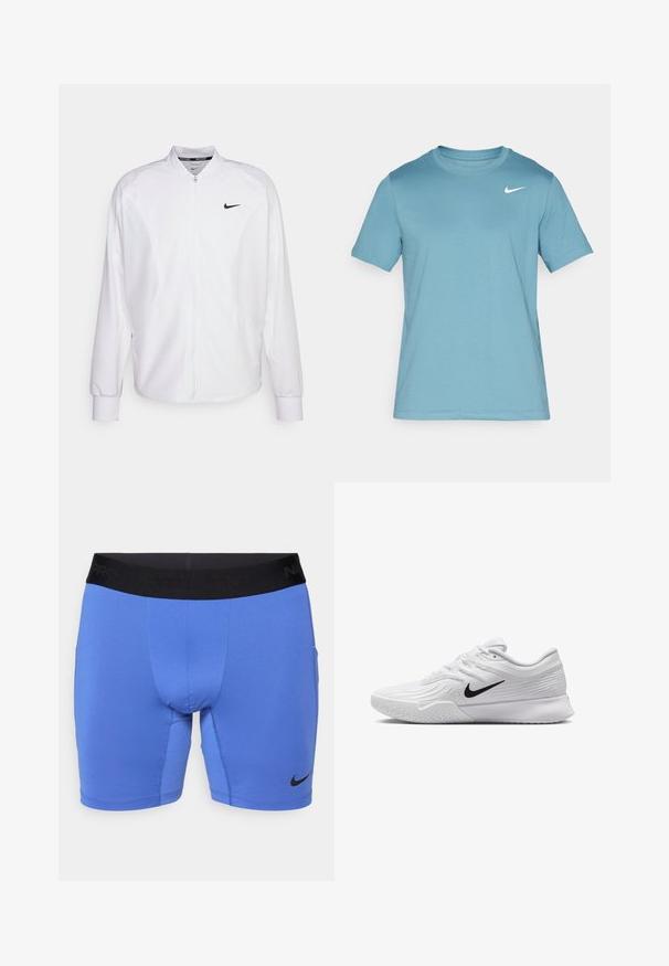 Witte zip-up sportjack gemaakt van gladde stof. Beschikt over een opstaande kraag, lange mouwen en een klein zwart Nike-logo op de borst.; Lichtblauw kortemouw t-shirt van soepel materiaal. Heeft een ronde halslijn en een klein wit Nike-logo op de bovenste linkerborst.; Blauwe sportshorts van rekbaar materiaal, met een zwarte elastische tailleband met de tekst "Nike Pro" en een klein zwart logo aan de onderkant links.; Witte sportieve schoen met textuur in het mesh bovenwerk, zwarte Nike swoosh, gevoerde kraag en rubberen zool met een profielpatroon.