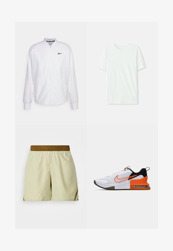 Giacca atletica bianca con zip realizzata in tessuto liscio. Presenta un colletto alto, maniche lunghe e un piccolo logo Nike nero sul petto.; T-shirt corto a maniche corte di un leggero verde menta, realizzato in tessuto morbido. Presenta un colletto a girocollo e una silhouette semplice e dritta senza decorazioni.; Pantaloni corti verde chiaro con motivo a rombi, vita elastica marrone e dettagli laterali. Realizzati in tessuto traspirante per il massimo comfort.; Scarpa sportiva bianca con tomaia in mesh testurizzato, dettagli neri e arancioni, una suola in gomma spessa e una sezione di cuscino d'aria trasparente nel tallone.