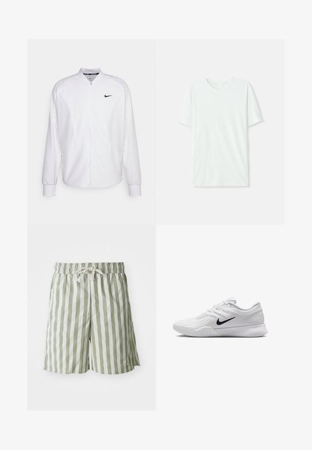 Weißer, kurzer Sportjacke mit glatter Oberfläche. Sie hat einen Stehkragen, lange Ärmel und ein kleines schwarzes Nike-Logo auf der Brust.; Helles mintgrünes T-Shirt mit kurzen Ärmeln aus weichem Stoff. Es hat einen Rundhalsausschnitt und einen schlichten, geraden Schnitt ohne Verzierungen.; Grün-weiß gestreifte Badeshorts aus leichtem Material, mit einem elastischen Bund und Kordelzug sowie Seitentaschen.; Weißer Sportschuh mit strukturiertem Mesh-Obermaterial, schwarzem Nike-Swoosh, gepolstertem Kragen und Gummisohle mit einem Profilmuster.