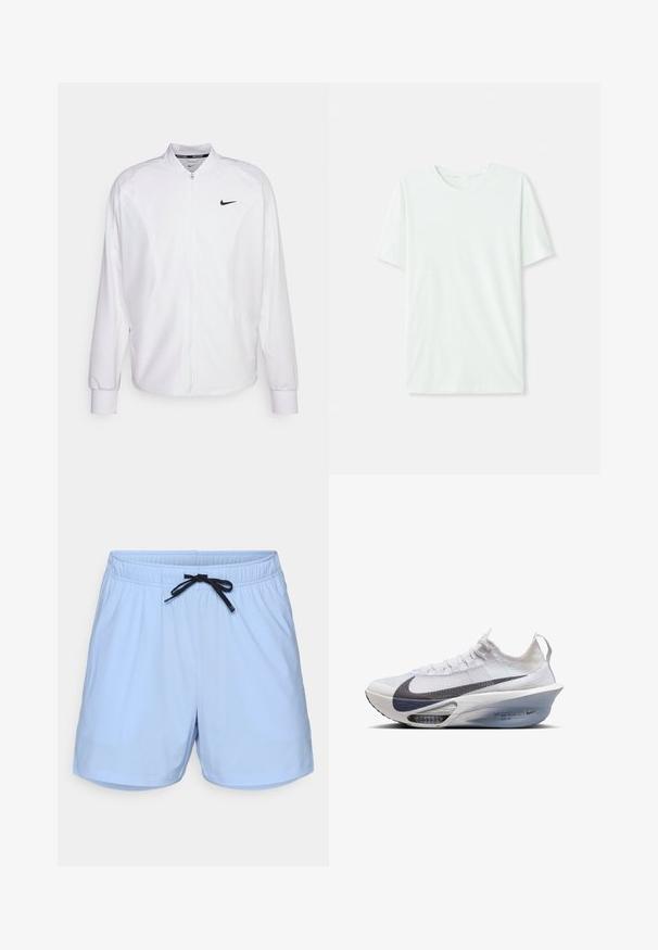 Witte zip-up sportjack gemaakt van gladde stof. Beschikt over een opstaande kraag, lange mouwen en een klein zwart Nike-logo op de borst.; Licht mintgroen T-shirt met korte mouwen, gemaakt van zachte stof. Het heeft een ronde halslijn en een simpele, rechte snit zonder versieringen.; Lichtblauwe zwembroek gemaakt van lichtgewicht stof, met een elastische tailleband met een zwarte trekkoord en zijzakken.; Nike hardloopschoen van witte textiel met een grijze swoosh, een gestroomlijnde vorm, een transparante tussenzool en zichtbare luchtkussens.