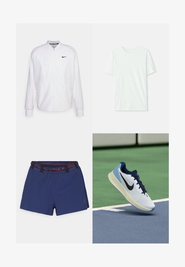 Witte zip-up sportjack gemaakt van gladde stof. Beschikt over een opstaande kraag, lange mouwen en een klein zwart Nike-logo op de borst.; Licht mintgroen T-shirt met korte mouwen, gemaakt van zachte stof. Het heeft een ronde halslijn en een simpele, rechte snit zonder versieringen.; Navy blauwe shorts van een gestructureerde stof, met een contrasterende rode en zwarte patroon tailleband en een zijsplit voor flexibiliteit.; Witte sportieve schoen met marineblauwe accenten, een ademende bovenkant, een gestructureerde zool en een lichtblauwe hiel, die een slank, modern ontwerp laat zien.