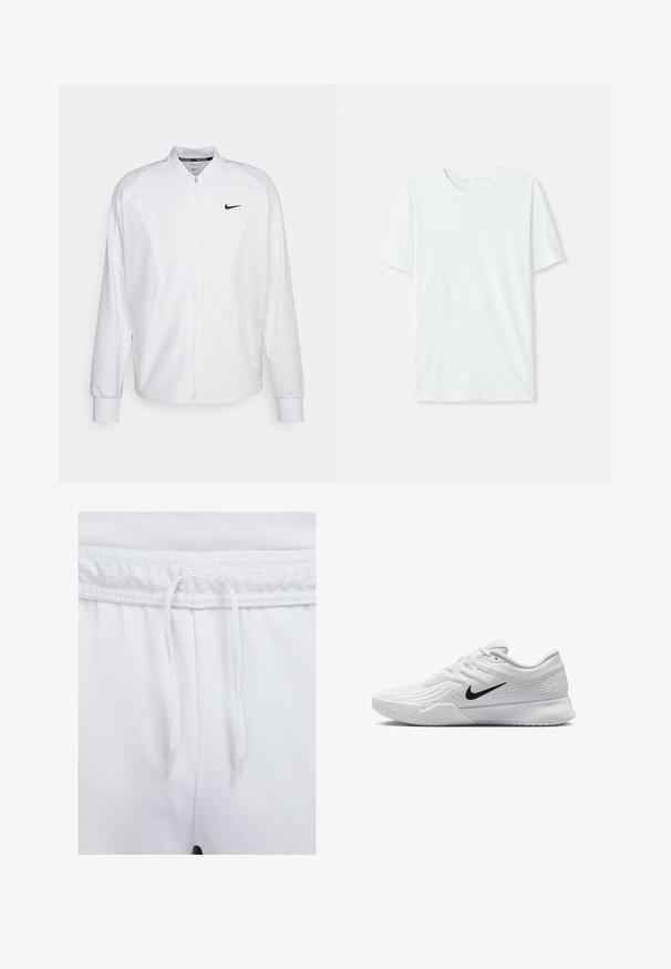 Weißer, kurzer Sportjacke mit glatter Oberfläche. Sie hat einen Stehkragen, lange Ärmel und ein kleines schwarzes Nike-Logo auf der Brust.; Helles mintgrünes T-Shirt mit kurzen Ärmeln aus weichem Stoff. Es hat einen Rundhalsausschnitt und einen schlichten, geraden Schnitt ohne Verzierungen.; Weißer Sportshorts mit einem Mesh-Bund, verstellbaren Kordeln und einem weichen, strukturierten Stoff mit sichtbaren Nähten.; Weißer Sportschuh mit strukturiertem Mesh-Obermaterial, schwarzem Nike-Swoosh, gepolstertem Kragen und Gummisohle mit einem Profilmuster.