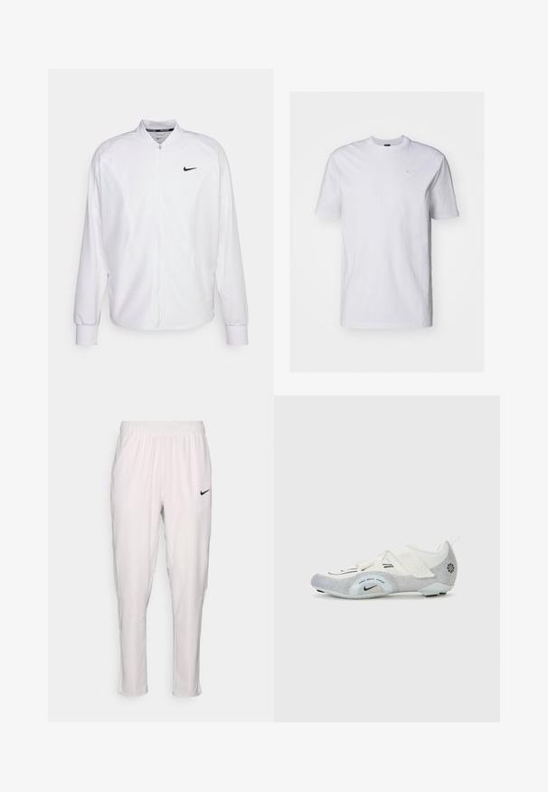 Weißer, kurzer Sportjacke mit glatter Oberfläche. Sie hat einen Stehkragen, lange Ärmel und ein kleines schwarzes Nike-Logo auf der Brust.; Weißes Baumwoll-T-Shirt mit kurzen Ärmeln und Rundhalsausschnitt. Verfügt über ein kleines, dezentes Logo in Hellblau auf der Brust. Glatte Textur.; Weiße Sporthose mit elastischem Bund. Sie hat eine schmale Passform, eine glatte Textur und ein kleines schwarzes Nike-Logo auf der Vorderseite.; Weiße und silberne Radschuhe mit einem Obermaterial aus Mesh, strukturierten Akzenten, verstellbaren Riemen und einer Gummisohle für Grip und Stabilität.