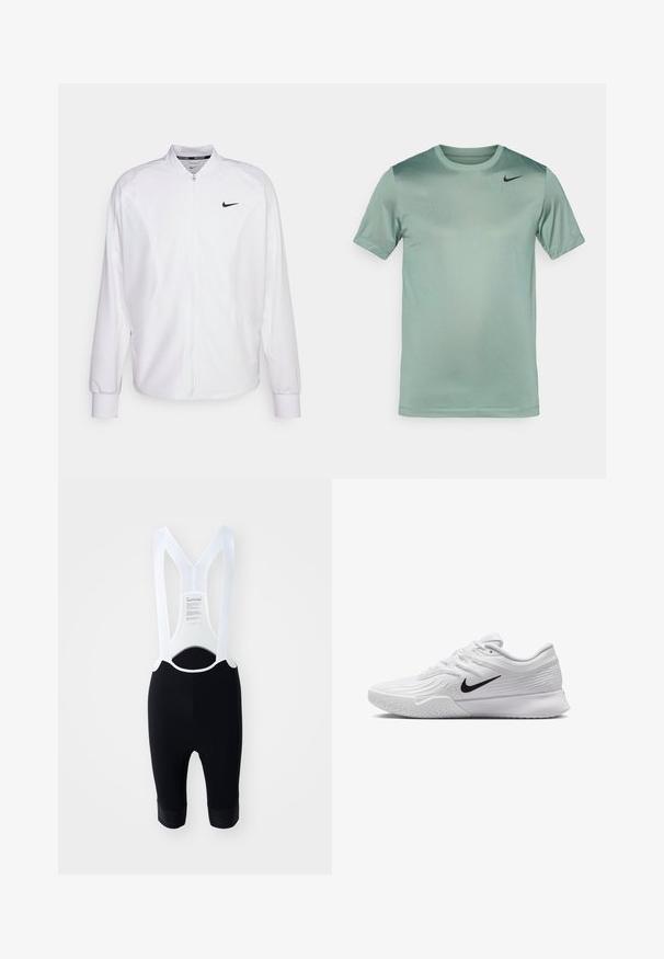 White zip-up athletic jacket made of smooth fabric. Features a stand collar, long sleeves, and a small black Nike logo on the chest.; Light green Nike T-shirt, short sleeves, crew neck, smooth texture, with a subtle gradient and black swoosh logo on the left shoulder.; Black cycling bib shorts with white mesh straps, featuring a textured fabric and padded seat area. Knee-length with elastic leg openings.; White athletic shoe with textured mesh upper, black Nike swoosh, padded collar, and rubber outsole with a tread pattern.