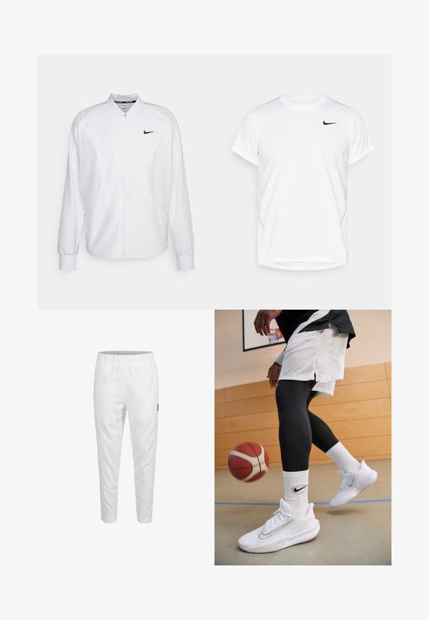 Weißer, kurzer Sportjacke mit glatter Oberfläche. Sie hat einen Stehkragen, lange Ärmel und ein kleines schwarzes Nike-Logo auf der Brust.; Weißes Nike T-Shirt mit kurzen Ärmeln aus glattem Synthetikmaterial, mit einem schwarzen Logo auf der linken Seite der Brust.; Weiße Sporthose mit elastischem Bund, schmal zulaufenden Beinen und einem kleinen Logo-Detail an der Seite. Glattes und leichtes Material.; Nike Performance PRECISION 7 - Basketballschuh - white/light smoke grey/photon dust