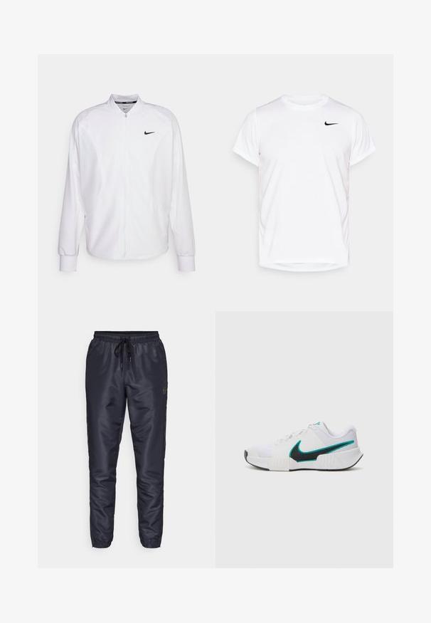 Chaqueta deportiva blanca con cremallera, fabricada con un tejido suave. Presenta un cuello alto, mangas largas y un pequeño logo negro de Nike en el pecho.; Camiseta corta de manga blanca de Nike, hecha de material sintético suave, con un logo negro en el lado izquierdo del pecho.; Pantalones jogger en color navy, hechos de una tela suave y ligera. Cuentan con una cinturilla elástica con cordón, bolsillos laterales con cremallera y puños gathered.; Zapatilla deportiva blanca con parte superior de malla texturizada, suela de goma negra y acento del swoosh de Nike en color teal. Cuenta con cordones y un collar acolchado.
