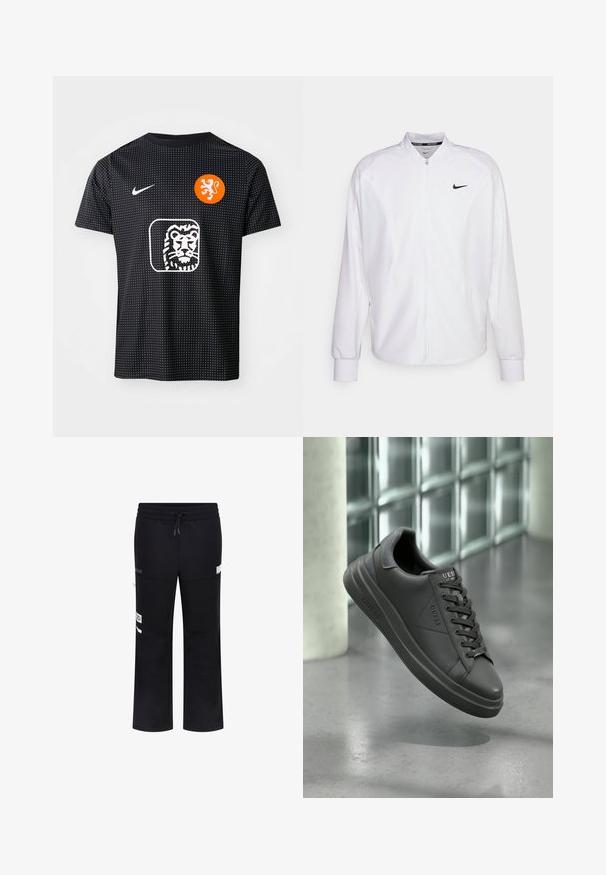 Weißer, kurzer Sportjacke mit glatter Oberfläche. Sie hat einen Stehkragen, lange Ärmel und ein kleines schwarzes Nike-Logo auf der Brust.; Schwarzes Nike-Fußballshirt mit gepunkteter Textur, orangefarbenem Löwenemblem und weißem Löwenlogo auf der Vorderseite, kurzen Ärmeln und rundem Kragen.; Schwarze Sweatpants mit elastischem Bund, Kordelzug, seitlichen Taschen und Logodetails. Glatte Textur und lässiger Schnitt.; Schwarze Leder-Sneaker mit glatter Oberfläche, runder Zehenform, strukturierten Akzenten und Schnürdesign. Logo auf der Zunge angebracht.