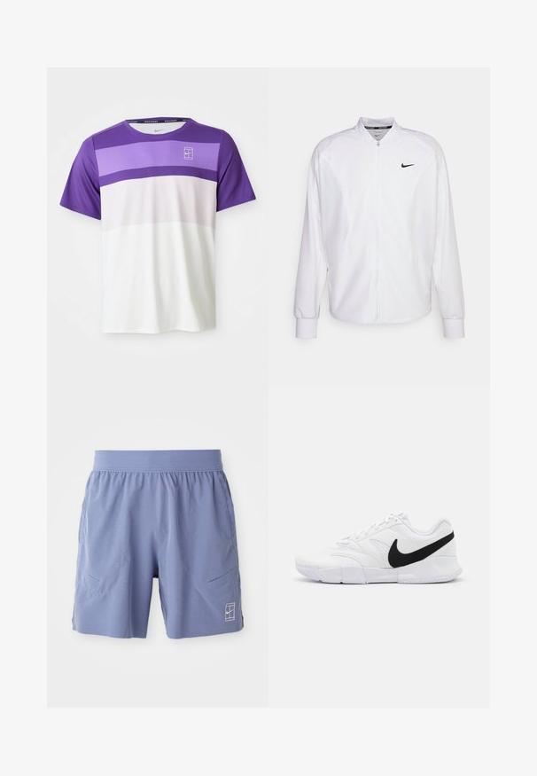 Witte zip-up sportjack gemaakt van gladde stof. Beschikt over een opstaande kraag, lange mouwen en een klein zwart Nike-logo op de borst.; Korte mouwen Nike sport T-shirt met paarse, lavendel, lichtroze en witte horizontale kleurvakken en het NikeCourt logo op de borst.; Lichtblauwe sportshorts met een elastische tailleband, twee zijzakken en een klein wit logo aan de onderkant rechts vooraan. Glad textuur.; Witte sportieve schoenen met een gestructureerde bovenkant, zwarte Nike swoosh, gewatteerde kraag en een solide rubberen buitenzool met een gepatternde profiel.
