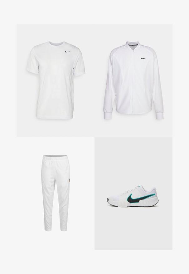 Witte zip-up sportjack gemaakt van gladde stof. Beschikt over een opstaande kraag, lange mouwen en een klein zwart Nike-logo op de borst.; Witte korte mouwen t-shirt gemaakt van gladde stof. Voorzien van een ronde hals en een klein zwart Nike-logo op de linkerborst.; Witte sportbroeken met een elastische tailleband, taps toelopende pijpen en een klein logo op de zijkant. Gladde en lichte stof.; Witte sportieve schoen met een textuur mesh bovenwerk, zwarte rubberen zool en teal Nike swooshaccent. Voorzien van veters en een gewatteerde kraag.