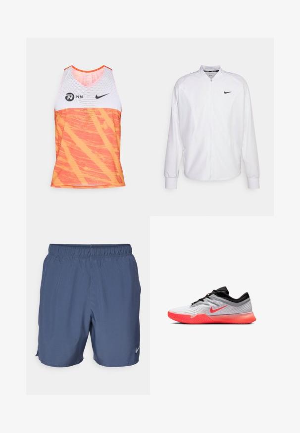Veste de sport blanche zippée en tissu lisse. Caractéristiques : col montant, manches longues et petit logo Nike noir sur la poitrine.; Débardeur de sport Nike avec une partie supérieure en maille blanche et une partie inférieure orange vif ornée d'un motif texturé et abstrait.; Les shorts Nike gris présentent une taille élastique, un matériau léger et des fentes sur les côtés pour plus de mobilité, avec un petit logo sur la jambe inférieure droite.; Baskets de sport blanches et noires avec une semelle orange vif et le swoosh Nike, design bas et grip texturé sur la partie avant de la semelle extérieure.
