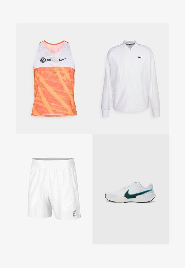 Witte zip-up sportjack gemaakt van gladde stof. Beschikt over een opstaande kraag, lange mouwen en een klein zwart Nike-logo op de borst.; Nike sport tank top met een witte mesh bovenkant en een levendige oranje onderkant met een gestructureerd, abstract patroon.; Witte sportshorts gemaakt van lichtgewicht stof met een elastische tailleband, voorzien van twee zijzakken en een klein zwart logo op de zoom.; Witte sportieve schoen met een textuur mesh bovenwerk, zwarte rubberen zool en teal Nike swooshaccent. Voorzien van veters en een gewatteerde kraag.