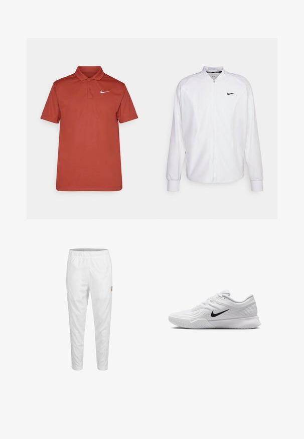 Chaqueta deportiva blanca con cremallera, fabricada con un tejido suave. Presenta un cuello alto, mangas largas y un pequeño logo negro de Nike en el pecho.; Polo rojo hecho de tela suave, con un cuello clásico y tres botones, que presenta un logo de Nike blanco en el lado izquierdo del pecho.; Pantalones atléticos blancos con cintura elástica, piernas ajustadas y un pequeño detalle de logo en el costado. Tejido suave y ligero.; Zapatilla deportiva blanca con parte superior de malla texturizada, swoosh negro de Nike, cuello acolchado y suela de goma con un patrón de taco.