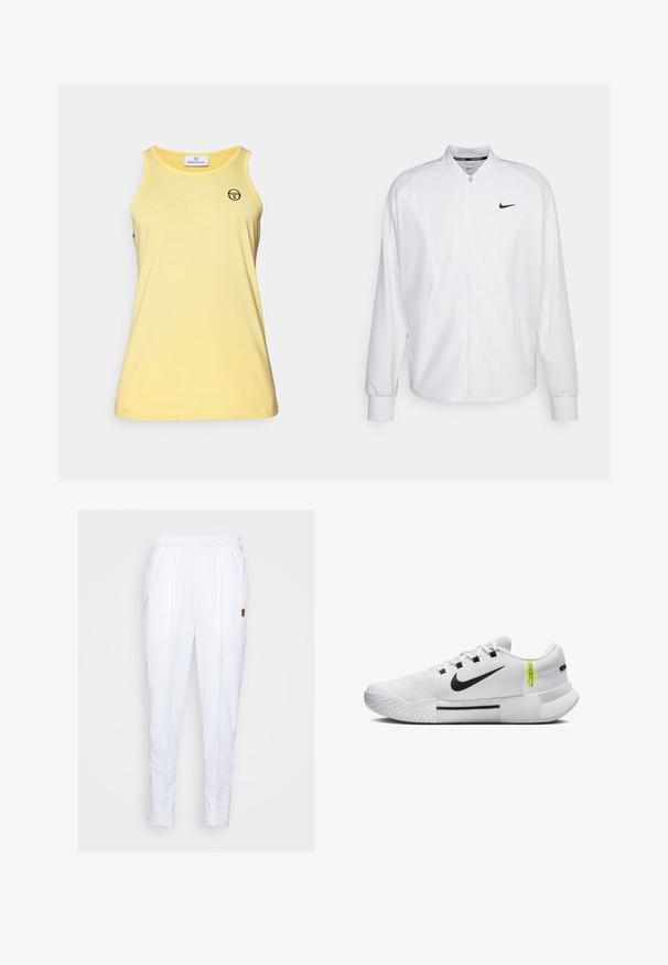 White zip-up athletic jacket made of smooth fabric. Features a stand collar, long sleeves, and a small black Nike logo on the chest.; Yellow tank top made of soft fabric, featuring a round neck and armholes. Displays a small logo in black on the left chest area.; White athletic pants with an elastic waistband, featuring side pockets and subtle stitching details along the legs.; White athletic shoes with a textured upper, black Nike swoosh, green accent label, and durable rubber sole with a zigzag pattern.