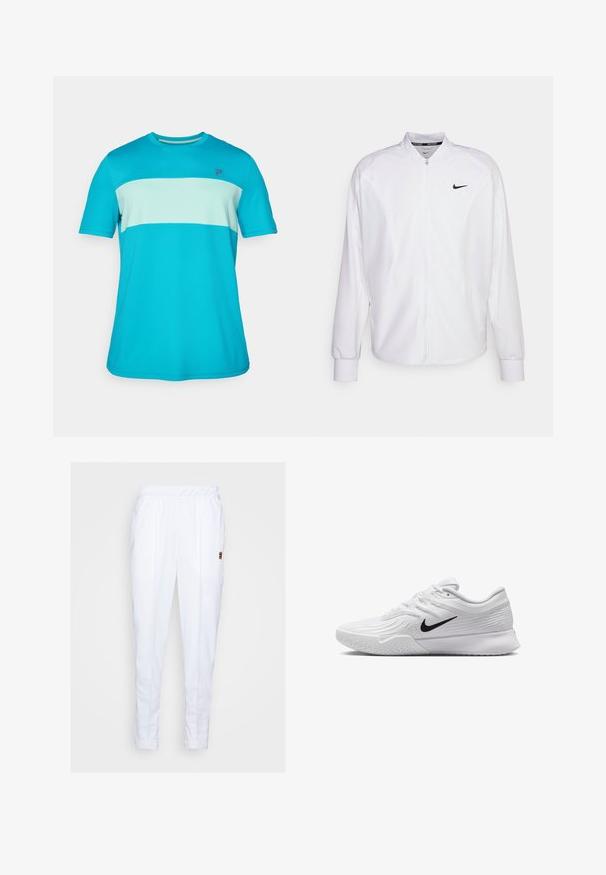Chaqueta deportiva blanca con cremallera, fabricada con un tejido suave. Presenta un cuello alto, mangas largas y un pequeño logo negro de Nike en el pecho.; Camiseta deportiva de manga corta en un brillante turquesa y azul claro; tela ligera y transpirable con un diseño de rayas horizontales y logo.; Pantalones deportivos blancos con cintura elástica, que cuentan con bolsillos laterales y detalles de costura sutiles a lo largo de las piernas.; Zapatilla deportiva blanca con parte superior de malla texturizada, swoosh negro de Nike, cuello acolchado y suela de goma con un patrón de taco.
