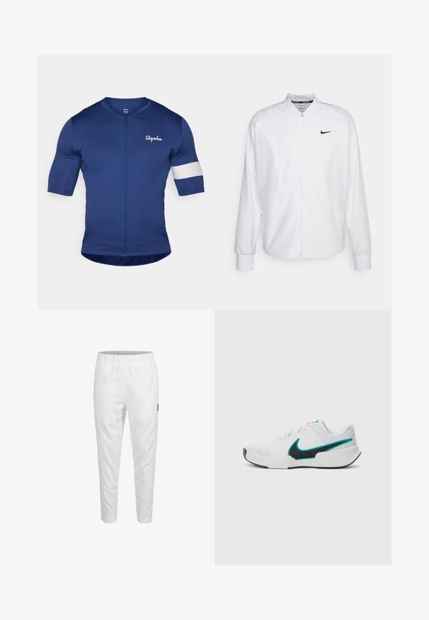 Witte zip-up sportjack gemaakt van gladde stof. Beschikt over een opstaande kraag, lange mouwen en een klein zwart Nike-logo op de borst.; Marinekleurig fietsjersey met korte mouwen, volledige rits en witte streepdetails op de linker mouw. Gemaakt van een soepele, rekbare stof.; Witte sportbroeken met een elastische tailleband, taps toelopende pijpen en een klein logo op de zijkant. Gladde en lichte stof.; Witte sportieve schoen met een textuur mesh bovenwerk, zwarte rubberen zool en teal Nike swooshaccent. Voorzien van veters en een gewatteerde kraag.