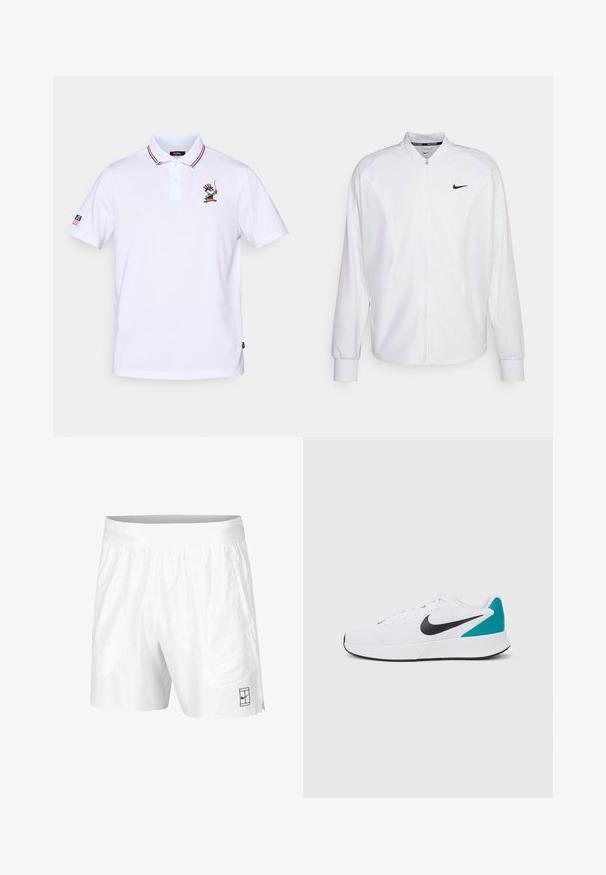 Chaqueta deportiva blanca con cremallera, fabricada con un tejido suave. Presenta un cuello alto, mangas largas y un pequeño logo negro de Nike en el pecho.; Camisa polo blanca con cuello a rayas rojas y azules, tapeta de tres botones y un diseño de personaje bordado en el pecho.; Pantalones cortos deportivos blancos hechos de una tela ligera con una cinturilla elástica, que cuentan con dos bolsillos laterales y un pequeño logo negro en el dobladillo.; Zapatilla deportiva blanca con una parte superior de malla texturizada, logo de Nike negro y un acento en verde azulado en el talón. Cuenta con cordones redondos y una suela negra.