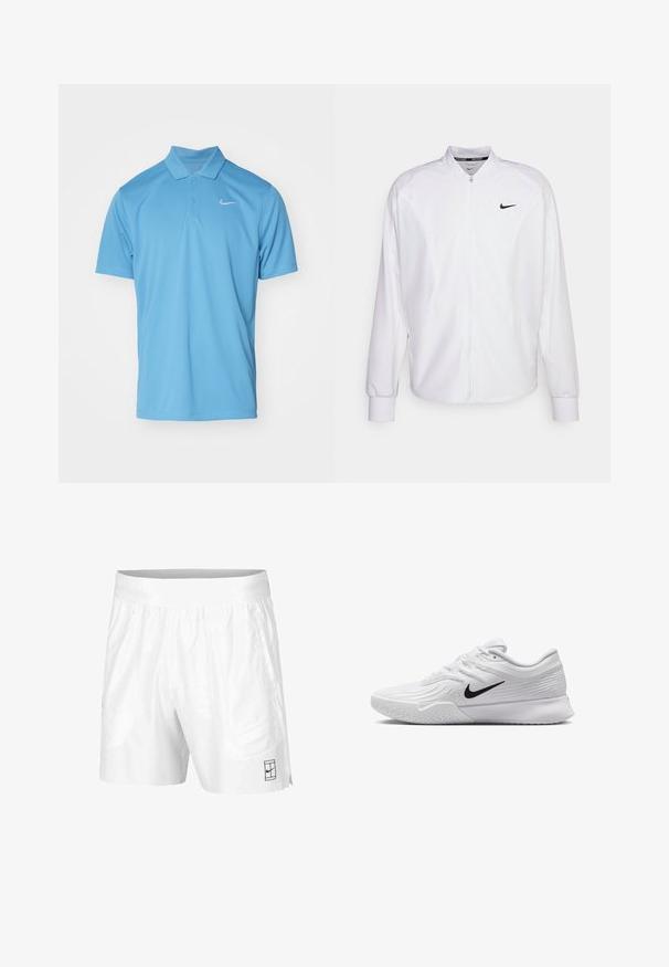 Witte zip-up sportjack gemaakt van gladde stof. Beschikt over een opstaande kraag, lange mouwen en een klein zwart Nike-logo op de borst.; Nike Performance NIKECOURT SOLID - Poloshirt - blue beyond/white; Witte sportshorts gemaakt van lichtgewicht stof met een elastische tailleband, voorzien van twee zijzakken en een klein zwart logo op de zoom.; Witte sportieve schoen met textuur in het mesh bovenwerk, zwarte Nike swoosh, gevoerde kraag en rubberen zool met een profielpatroon.