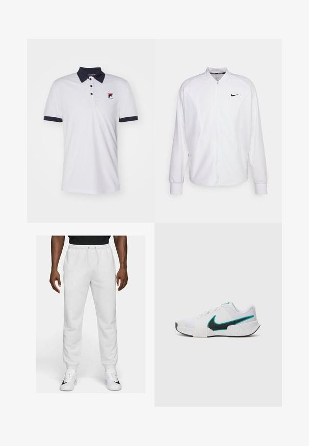 Witte zip-up sportjack gemaakt van gladde stof. Beschikt over een opstaande kraag, lange mouwen en een klein zwart Nike-logo op de borst.; Fila MARC - Poloshirt - white; Witte joggingbroek met een trekkoord in de taille, slim fit en geribbelde boorden, gecombineerd met witte sportschoenen met een zwart accent.; Witte sportieve schoen met een textuur mesh bovenwerk, zwarte rubberen zool en teal Nike swooshaccent. Voorzien van veters en een gewatteerde kraag.