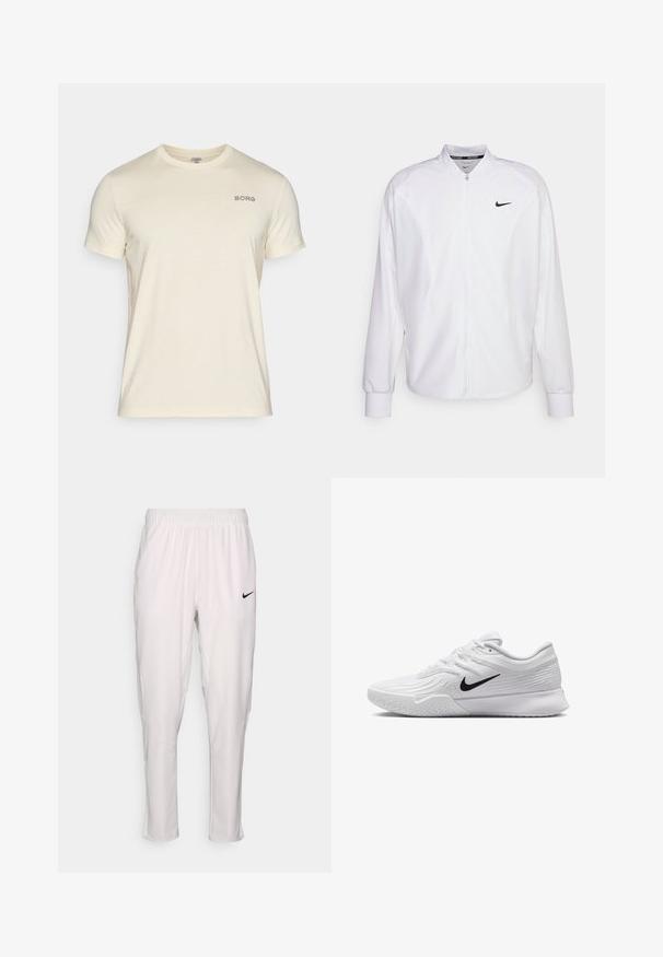 Chaqueta deportiva blanca con cremallera, fabricada con un tejido suave. Presenta un cuello alto, mangas largas y un pequeño logo negro de Nike en el pecho.; Camiseta de manga corta color crema, hecha de tela suave, con cuello redondo y un pequeño logo "BORG" bordado en el lado izquierdo del pecho.; Pantalones atléticos blancos con cinturilla elástica. Presentan un ajuste slim, textura suave y un pequeño logo negro de Nike en la parte frontal.; Zapatilla deportiva blanca con parte superior de malla texturizada, swoosh negro de Nike, cuello acolchado y suela de goma con un patrón de taco.